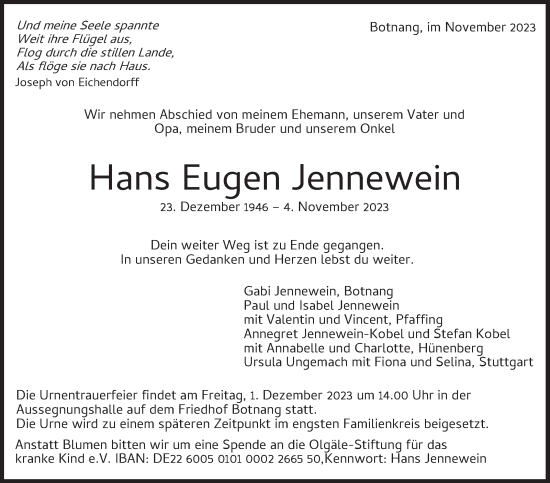 Traueranzeige von Hans Eugen Jennewein von Stuttgarter Zeitung / Stuttgarter Nachrichten