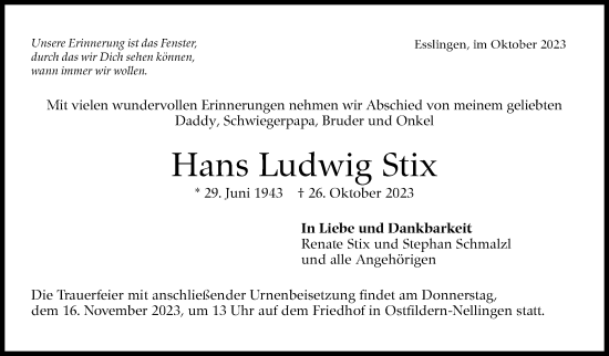 Traueranzeige von Hans Ludwig Stix von Stuttgarter Zeitung / Stuttgarter Nachrichten