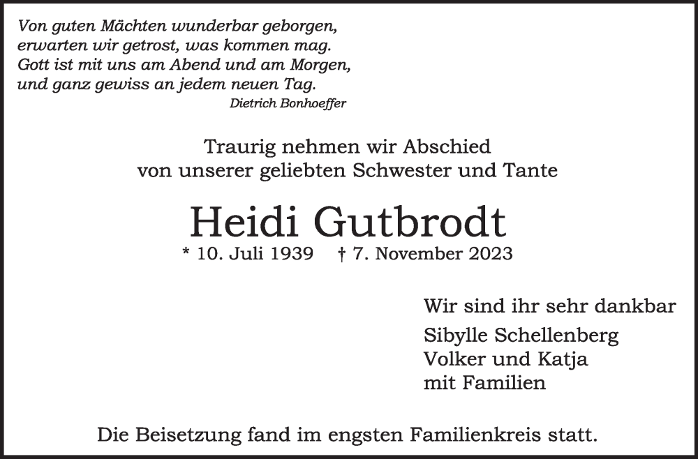  Traueranzeige für Heidi Gutbrodt vom 15.11.2023 aus Stuttgarter Zeitung / Stuttgarter Nachrichten