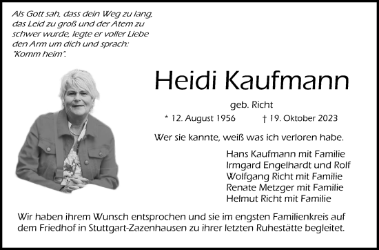 Traueranzeige von Heidi Kaufmann von Stuttgarter Zeitung / Stuttgarter Nachrichten