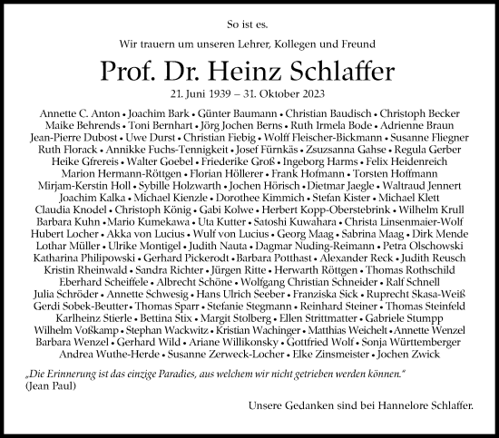 Traueranzeige von Heinz Schlaffer von Stuttgarter Zeitung / Stuttgarter Nachrichten