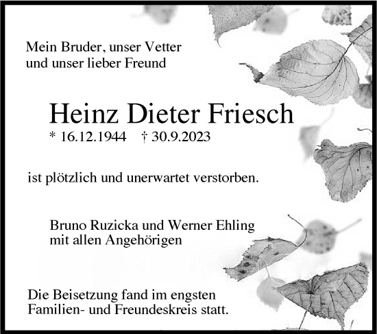 Traueranzeige von Heinz Dieter Friesch von Stuttgarter Zeitung / Stuttgarter Nachrichten