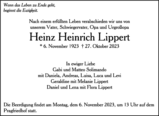 Traueranzeige von Heinz Heinrich Lippert von Stuttgarter Zeitung / Stuttgarter Nachrichten