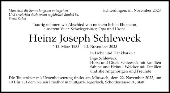 Traueranzeige von Heinz Joseph Schleweck von Stuttgarter Zeitung / Stuttgarter Nachrichten