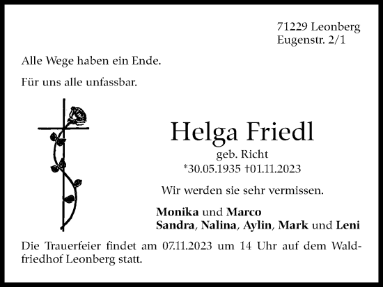 Traueranzeige von Helga Friedl von Stuttgarter Zeitung / Stuttgarter Nachrichten