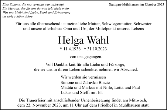 Traueranzeige von Helga Wahl von Stuttgarter Zeitung / Stuttgarter Nachrichten