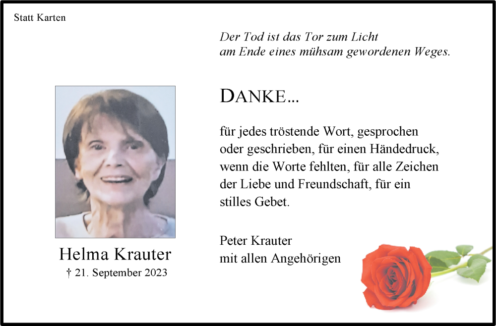  Traueranzeige für Helma Krauter vom 07.11.2023 aus Stuttgarter Zeitung / Stuttgarter Nachrichten