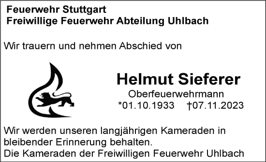 Traueranzeige von Helmut Sieferer von Stuttgarter Zeitung / Stuttgarter Nachrichten