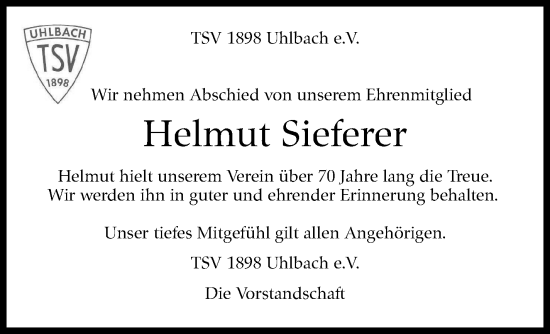 Traueranzeige von Helmut Sieferer von Stuttgarter Zeitung / Stuttgarter Nachrichten
