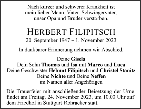 Traueranzeige von Herbert Filipitsch von Stuttgarter Zeitung / Stuttgarter Nachrichten