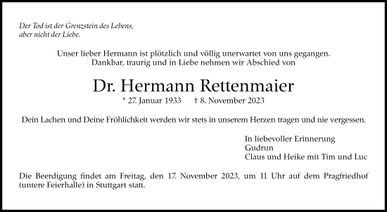 Traueranzeige von Hermann Rettenmaier von Stuttgarter Zeitung / Stuttgarter Nachrichten