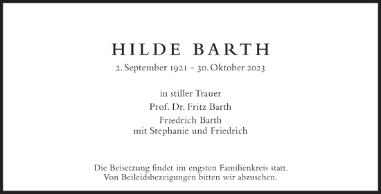 Traueranzeige von Hilde Barth von Stuttgarter Zeitung / Stuttgarter Nachrichten