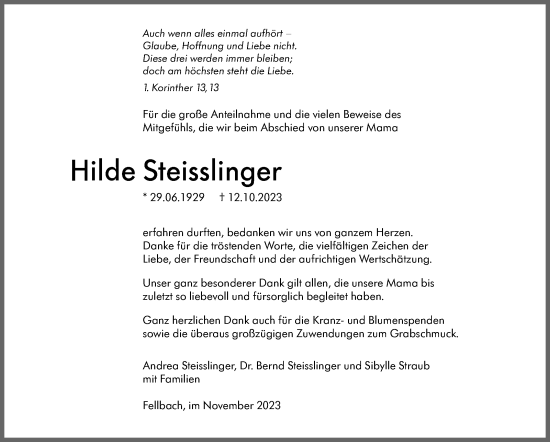 Traueranzeige von Hilde Steisslinger von Stuttgarter Zeitung / Stuttgarter Nachrichten