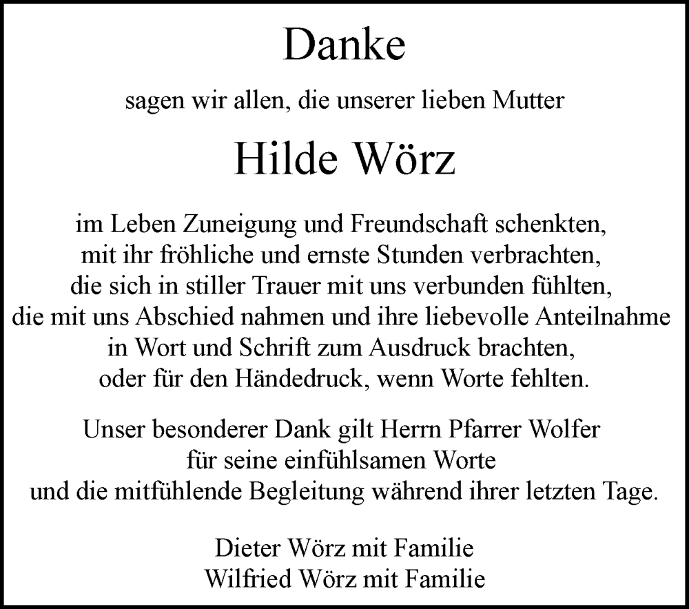  Traueranzeige für Hilde Wörz vom 18.11.2023 aus Stuttgarter Zeitung / Stuttgarter Nachrichten