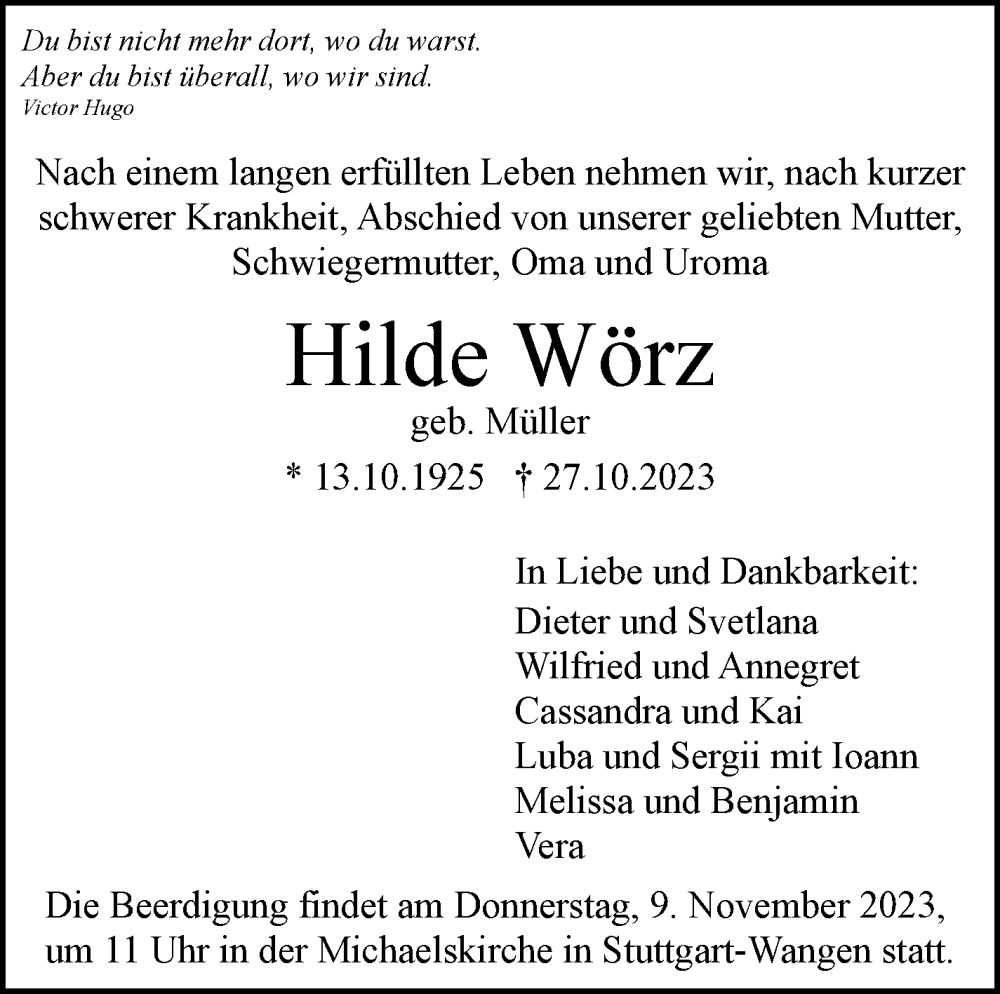  Traueranzeige für Hilde Wörz vom 04.11.2023 aus Stuttgarter Zeitung / Stuttgarter Nachrichten