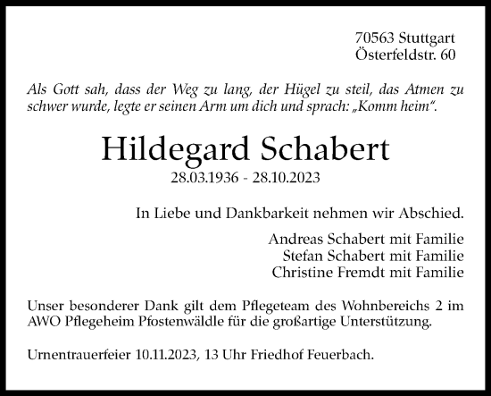 Traueranzeige von Hildegard Schabert von Stuttgarter Zeitung / Stuttgarter Nachrichten