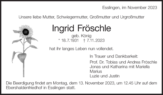 Traueranzeige von Ingrid Fröschle von Stuttgarter Zeitung / Stuttgarter Nachrichten