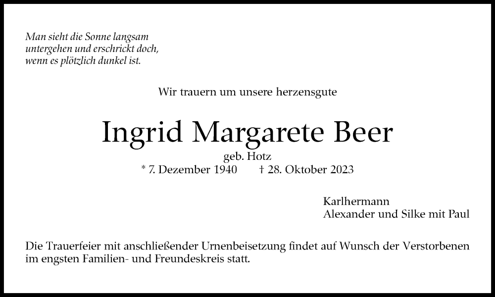  Traueranzeige für Ingrid Margarete Beer vom 04.11.2023 aus Stuttgarter Zeitung / Stuttgarter Nachrichten