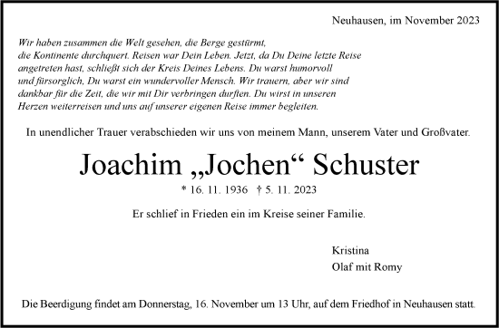 Traueranzeige von Joachim  Schuster von Stuttgarter Zeitung / Stuttgarter Nachrichten