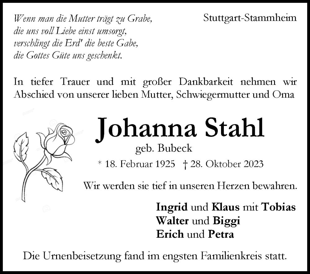  Traueranzeige für Johanna Stahl vom 11.11.2023 aus Stuttgarter Zeitung / Stuttgarter Nachrichten