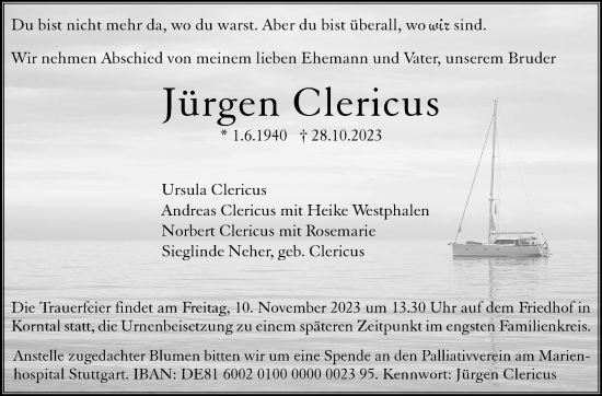 Traueranzeige von Jürgen Clericus von Stuttgarter Zeitung / Stuttgarter Nachrichten