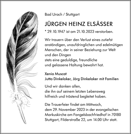 Traueranzeige von Jürgen Heinz Elsässer von Stuttgarter Zeitung / Stuttgarter Nachrichten