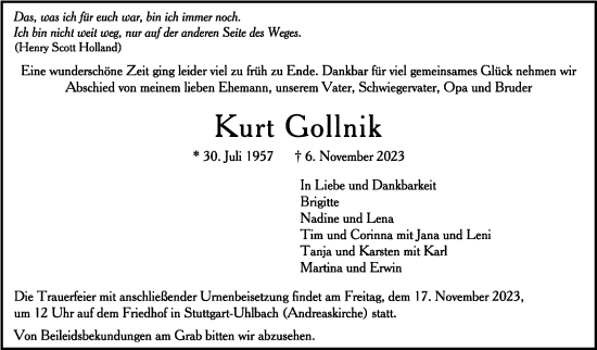 Traueranzeige von Kurt Gollnik von Stuttgarter Zeitung / Stuttgarter Nachrichten
