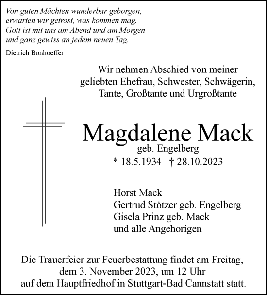 Traueranzeige von Magdalene Mack von Stuttgarter Zeitung / Stuttgarter Nachrichten