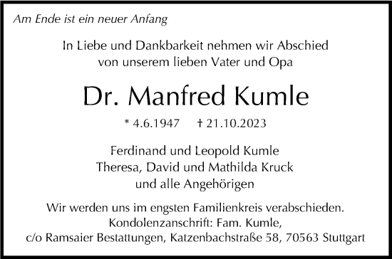 Traueranzeige von Manfred Kumle von Stuttgarter Zeitung / Stuttgarter Nachrichten