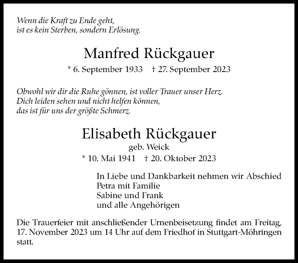  Traueranzeige für Manfred Rückgauer vom 11.11.2023 aus Stuttgarter Zeitung / Stuttgarter Nachrichten