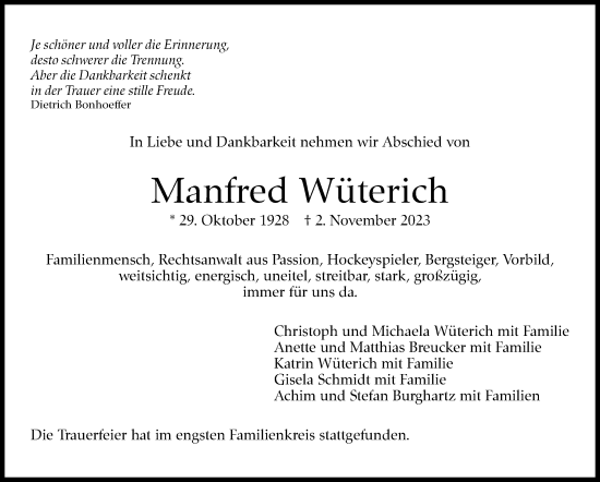 Traueranzeige von Manfred Wüterich von Stuttgarter Zeitung / Stuttgarter Nachrichten