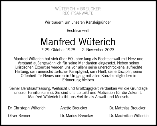 Traueranzeige von Manfred Wüterich von Stuttgarter Zeitung / Stuttgarter Nachrichten