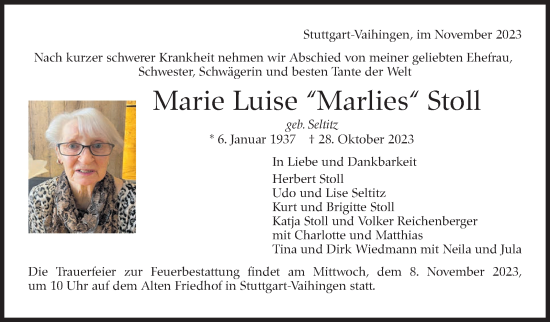 Traueranzeige von Marie Luise Stoll von Stuttgarter Zeitung / Stuttgarter Nachrichten