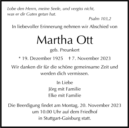 Traueranzeige von Martha Ott von Stuttgarter Zeitung / Stuttgarter Nachrichten