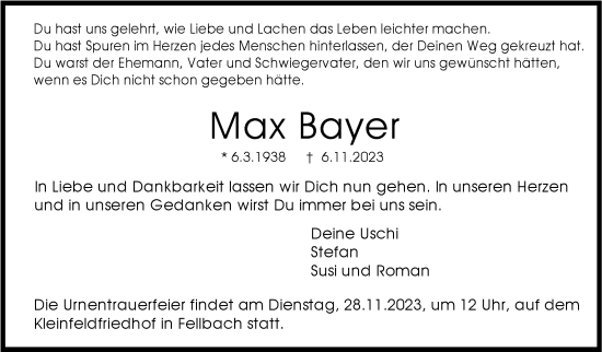 Traueranzeige von Max Bayer von Stuttgarter Zeitung / Stuttgarter Nachrichten