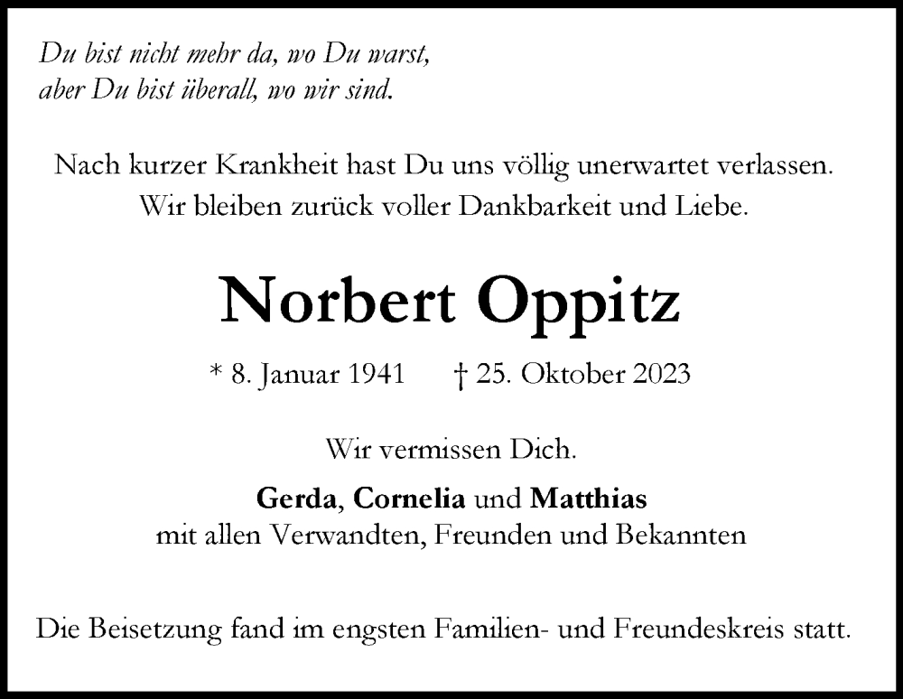  Traueranzeige für Norbert Oppitz vom 18.11.2023 aus Stuttgarter Zeitung / Stuttgarter Nachrichten