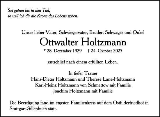 Traueranzeige von Ottwalter Holtzmann von Stuttgarter Zeitung / Stuttgarter Nachrichten