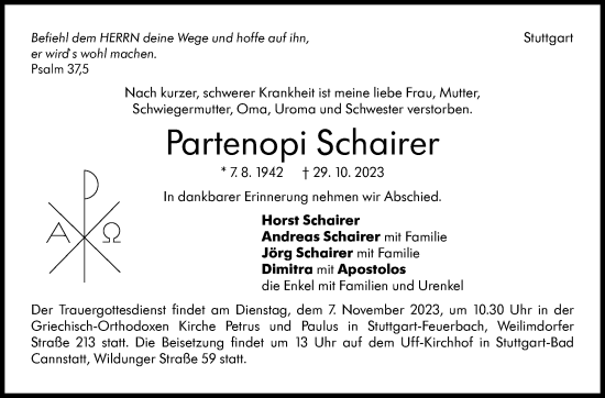 Traueranzeige von Partenopi Schairer von Stuttgarter Zeitung / Stuttgarter Nachrichten