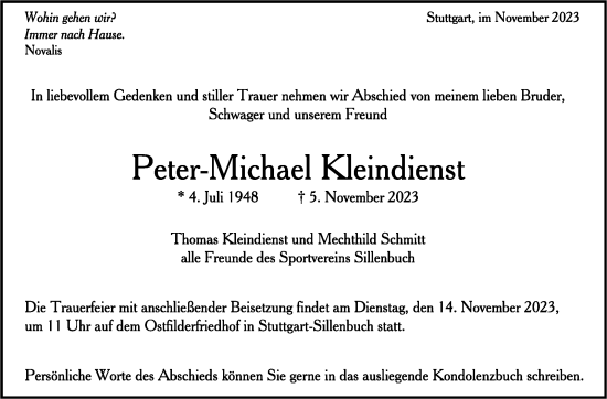 Traueranzeige von Peter-Michael Kleindienst von Stuttgarter Zeitung / Stuttgarter Nachrichten