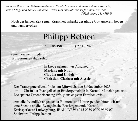 Traueranzeige von Philipp Bebion von Stuttgarter Zeitung / Stuttgarter Nachrichten