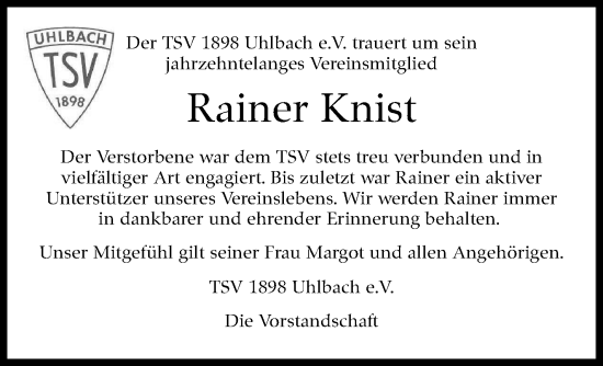 Traueranzeige von Rainer Knist von Stuttgarter Zeitung / Stuttgarter Nachrichten