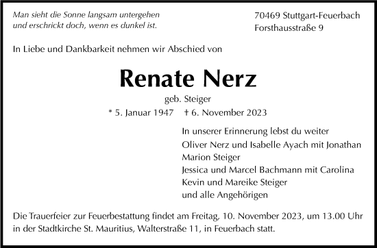 Traueranzeige von Renate Nerz von Stuttgarter Zeitung / Stuttgarter Nachrichten