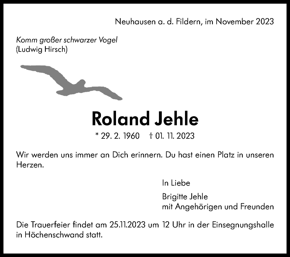  Traueranzeige für Roland Jehle vom 18.11.2023 aus Stuttgarter Zeitung / Stuttgarter Nachrichten