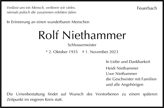 Traueranzeige von Rolf Niethammer von Stuttgarter Zeitung / Stuttgarter Nachrichten