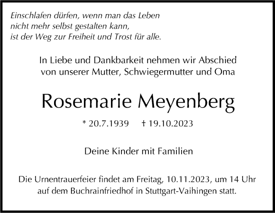 Traueranzeige von Rosemarie Meyenberg von Stuttgarter Zeitung / Stuttgarter Nachrichten