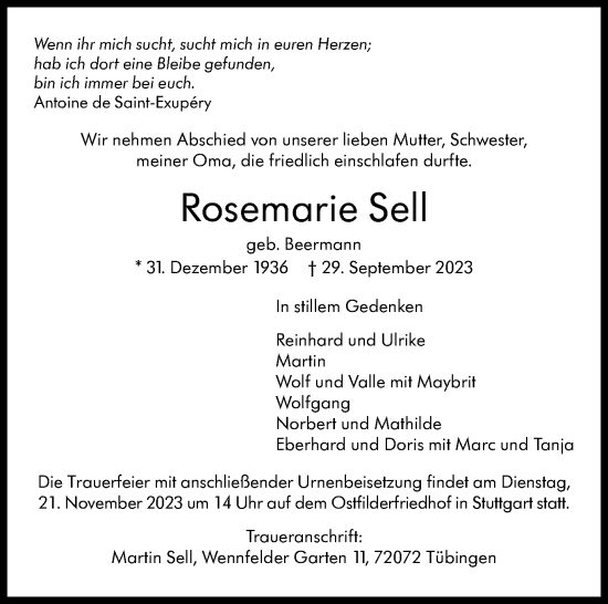 Traueranzeige von Rosemarie Sell von Stuttgarter Zeitung / Stuttgarter Nachrichten