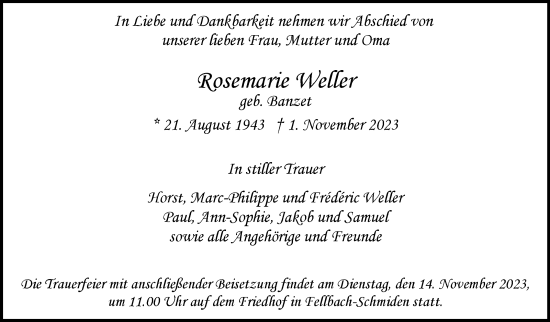 Traueranzeige von Rosemarie Wetter von Stuttgarter Zeitung / Stuttgarter Nachrichten