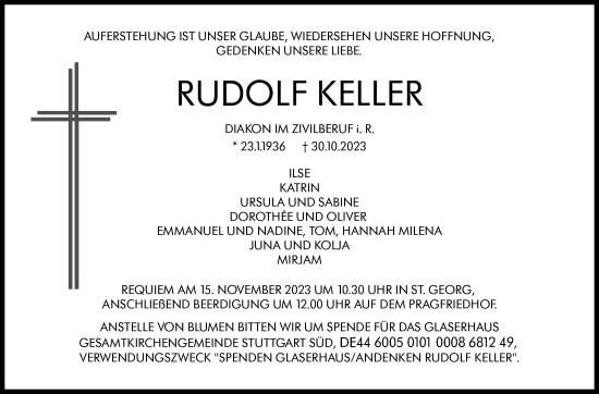 Traueranzeige von Rudolf Keller von Stuttgarter Zeitung / Stuttgarter Nachrichten