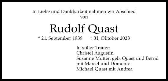 Traueranzeige von Rudolf Quast von Stuttgarter Zeitung / Stuttgarter Nachrichten