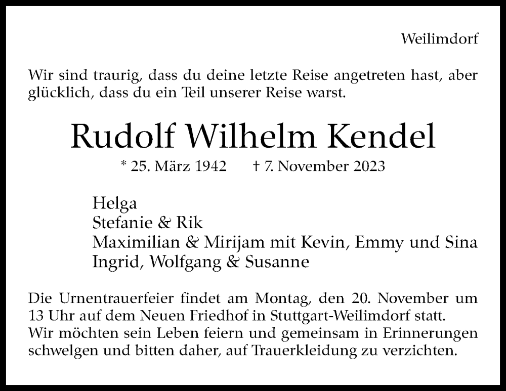  Traueranzeige für Rudolf Wilhelm Kendel vom 15.11.2023 aus Stuttgarter Zeitung / Stuttgarter Nachrichten